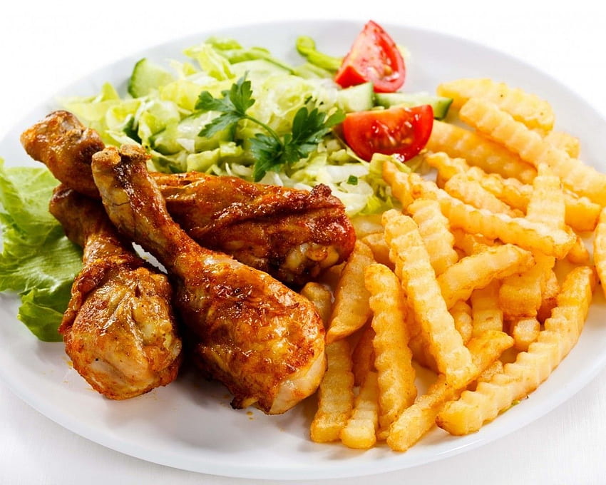 Chicken Legs, Fried Potatoes, Salad - Chicken Drumsticks Chips And Salad - & Background HD wallpaper