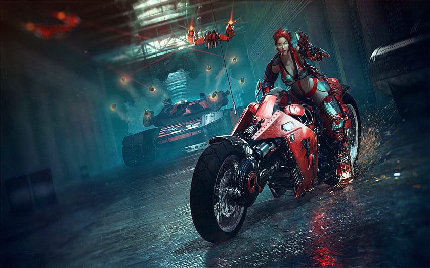 Cyberpunk Motorcycle Biker Girl Sci Fi, Biker Art HD wallpaper