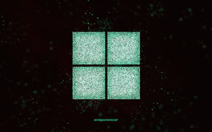 Windows 11 glitter logo, black background, Windows 11 logo, turquoise glitter art, Windows 11, creative art, Windows 11 turquoise glitter logo, Windows logo, Windows HD wallpaper