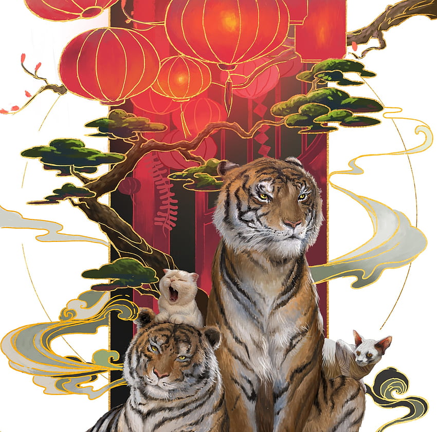 Année du tigre, chinois, lanterne, tigre, art, gros chat, chat, pisici, fantaisie, zodiaque, rouge, tigru, bruce lui Fond d'écran HD