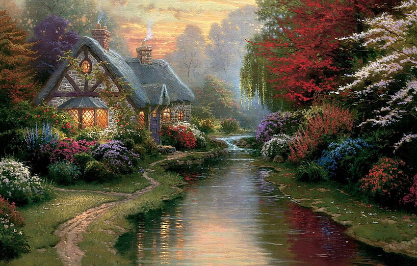 light, sunset, flowers, stream, the evening, painting, cottage, path, stone, painting, Thomas Kinkade, Kinkade, A Quiet Evening for , section живопись HD wallpaper