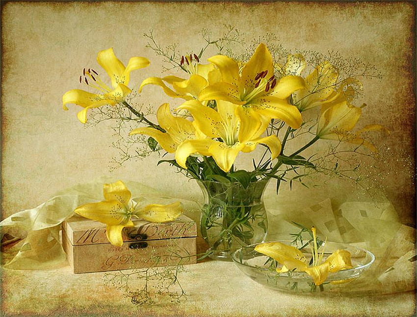 Ricordi, scatola, giallo, vaso, bello, fiori, gigli Sfondo HD