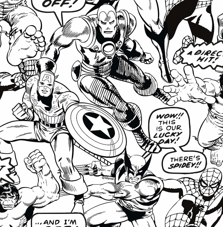 Marvel Comics Pokoloruj własnych superbohaterów 52 cm x 10 m od Grahama Browna: narzędzia i majsterkowanie, czarno-biały komiks Tapeta na telefon HD