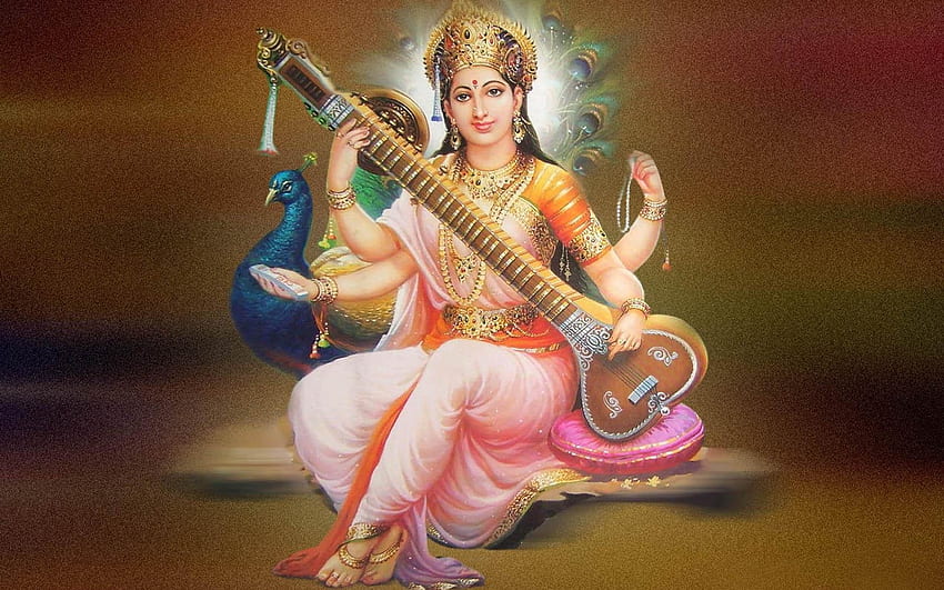 Sarasvati Maa Sharada Vidya Devu Goddess - Saraswati With Peacock HD wallpaper