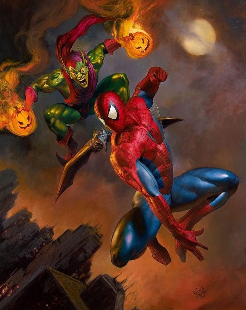 グリーンゴブリンがスパイダーマンと戦う。 スパイダーマンのアート、スパイダーマン、マーベルの悪役 HD電話の壁紙