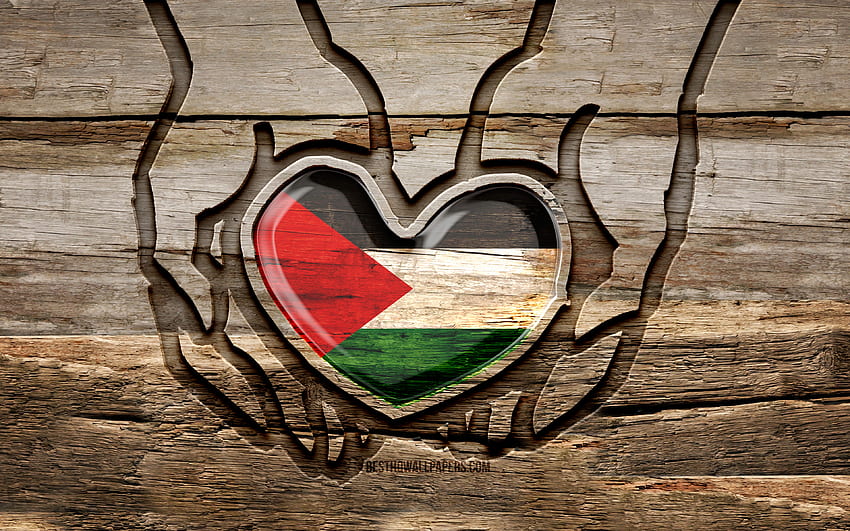 Kocham Palestynę, drewniane rzeźbione ręce, dzień Palestyny, flaga Palestyny, flaga Palestyny, Take care Palestine, kreatywny, flaga Palestyny, flaga Palestyny ​​w ręku, rzeźbienie w drewnie, kraje azjatyckie, Palestyna Tapeta HD