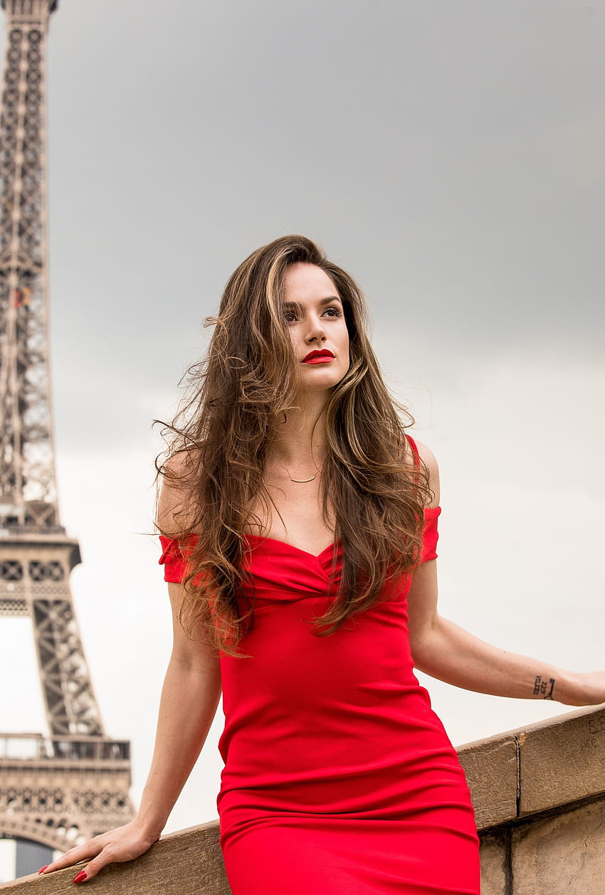 Woman model, outdoor, brunette, red dress HD phone wallpaper