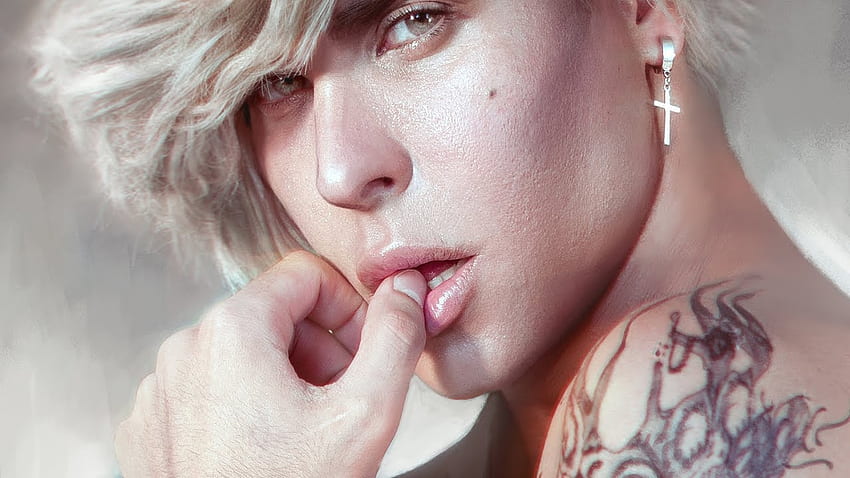 Bad boy, omrikoresh, blond, man, tattoo, hand, pink, fantasy, portrait, face, luminos HD wallpaper