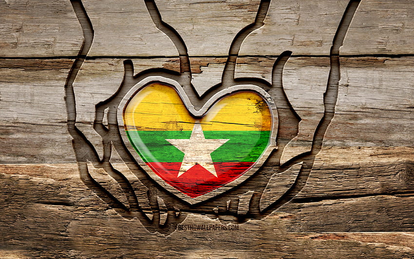 Kocham Myanmar, , drewniane rzeźbione dłonie, Dzień Myanmaru, Flaga Myanmaru, Flaga Myanmaru, Uważaj na Myanmar, kreatywny, Flaga Birmy w ręku, rzeźbienie w drewnie, Kraje azjatyckie, Birma Tapeta HD