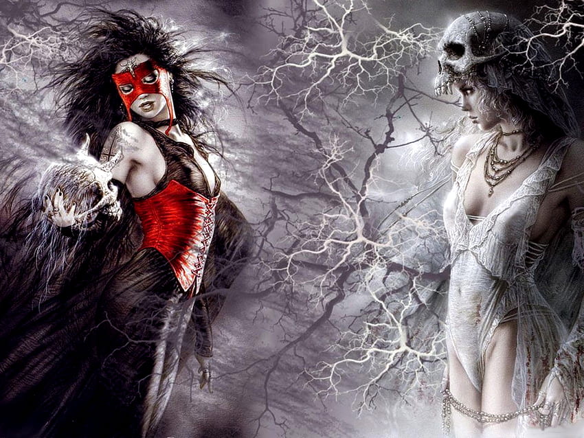 Luis Royo sztuka fantazja ciemny nastrój dobre złe kobiety czaszki babes czaszki., Evil Woman Tapeta HD