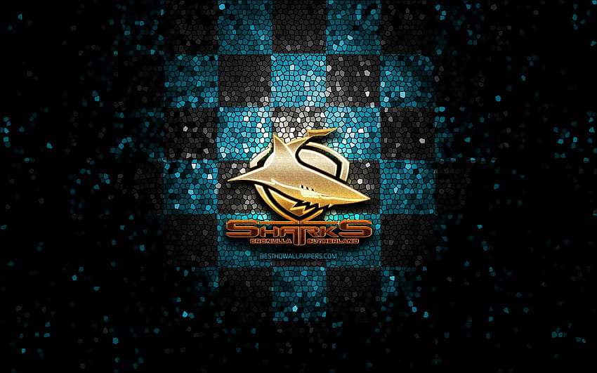 Cronulla Sharks, Glitzerlogo, NRL, blau-schwarz karierter Hintergrund, Rugby, australischer Rugby-Club, Cronulla Sharks-Logo, Mosaikkunst, National Rugby League HD-Hintergrundbild