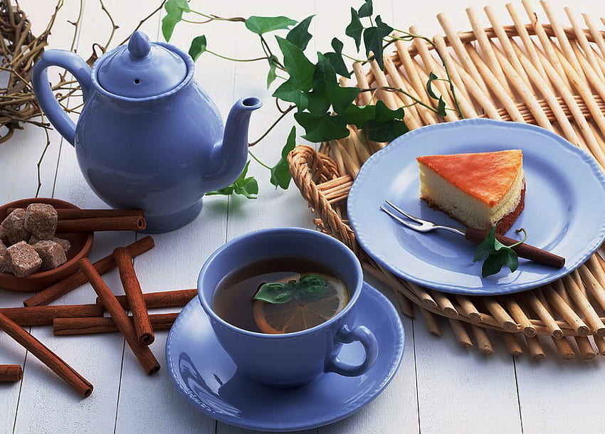 Cinnamon tea, blue, tea, cinnamon, cup, cake HD wallpaper