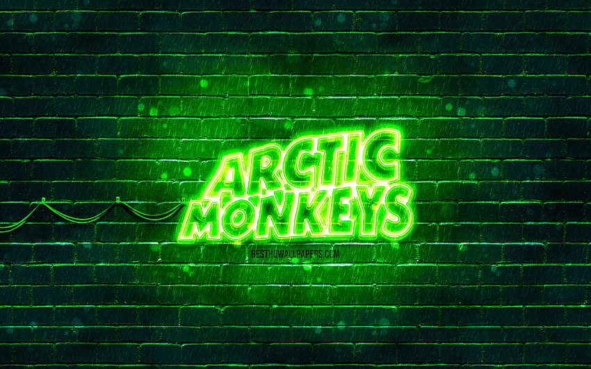 Logotipo verde de Arctic Monkeys, banda de rock británica, estrellas de la música, pared de ladrillo verde, logotipo de Arctic Monkeys, logotipo de neón de Arctic Monkeys, Arctic Monkeys fondo de pantalla