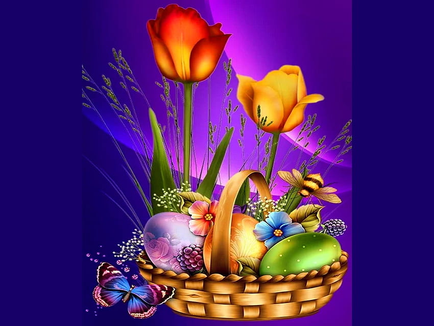 Auguri di Pasqua, cestino, farfalla, Pasqua, uova Sfondo HD