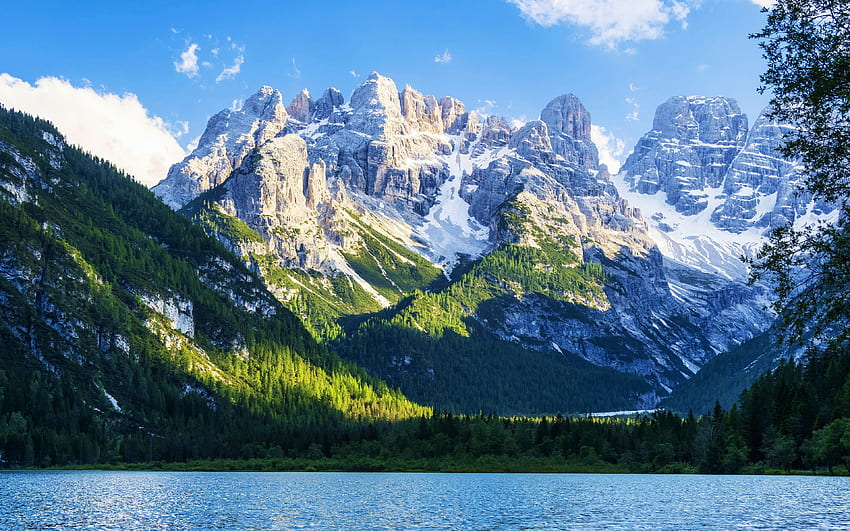 Lago di Lando dengan pegunungan Cristallo, Italia, awan, tyrol selatan, langit, pegunungan Alpen, air, pegunungan, danau Wallpaper HD