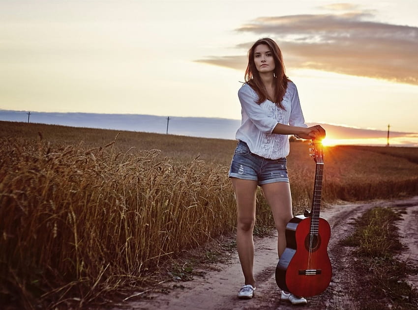 Cowgirl And Her Guitar......, style, fun, guitar, brunettes, cowgirls, fashion, music, girls, women, models, boots, western, sunset, hats, female HD wallpaper