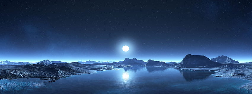 Multi Monitor Podwójny ekran sci fi krajy 3D cg sztuka cyfrowa jeziora góry niebo gwiazdy księżyc noc. Tapeta HD