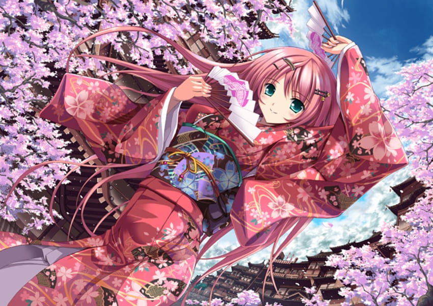 Gadis Anime, kimono, pita, kelopak, kipas, pin, merah, awan, langit, rambut, bunga sakura, busur, panjang Wallpaper HD
