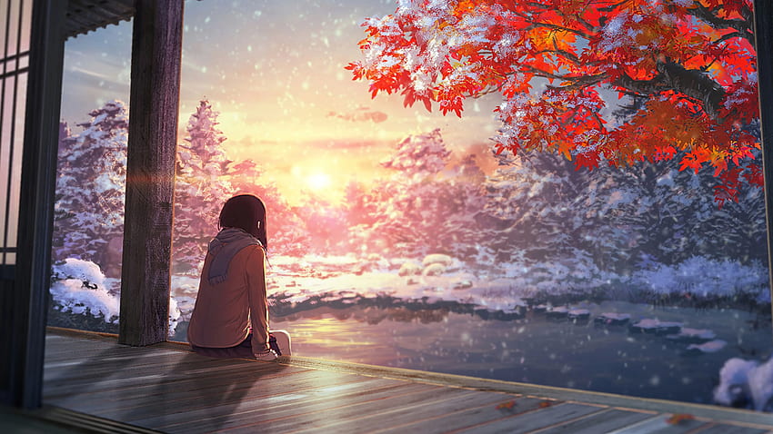 Anime-Landschafts-Herbst-Sonnenuntergang, Anime-ästhetischer Sonnenuntergang HD-Hintergrundbild