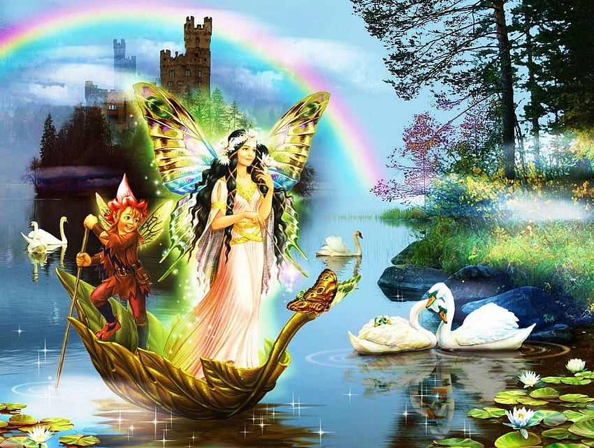 Swan Fairy, river, boat, wings, waterlillies, butterfly, castle HD wallpaper
