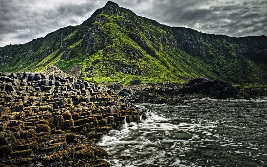 Nature, Stones, Sea, Waves, Mountain, Cascades, Greens, Descent HD wallpaper