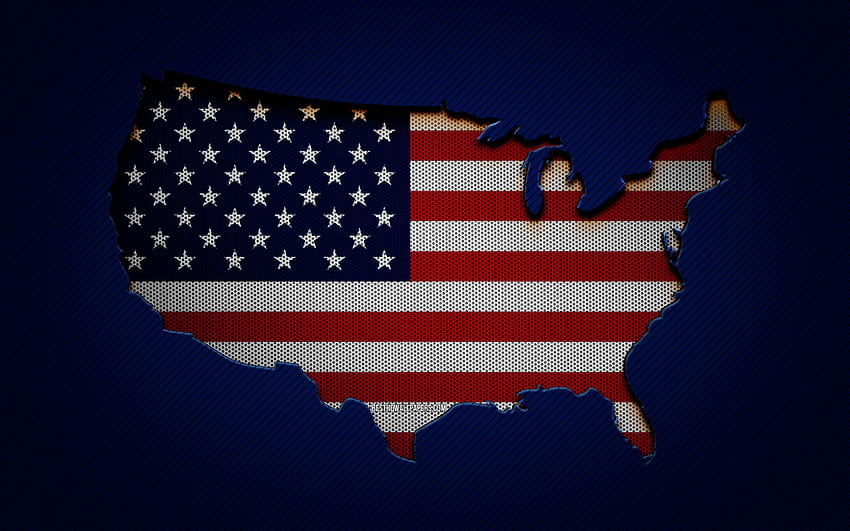 USA map, , North American countries, USA flag, blue carbon background, US map, USA map silhouette, US flag, North America, USA, flag of USA, american flag HD wallpaper