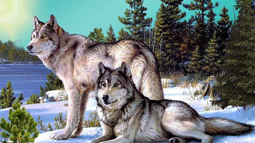 Wolf Paradise, winter, wolves, woods, lobo, wolf, Firefox Persona theme, snow, pair, mates, trees, forest HD wallpaper