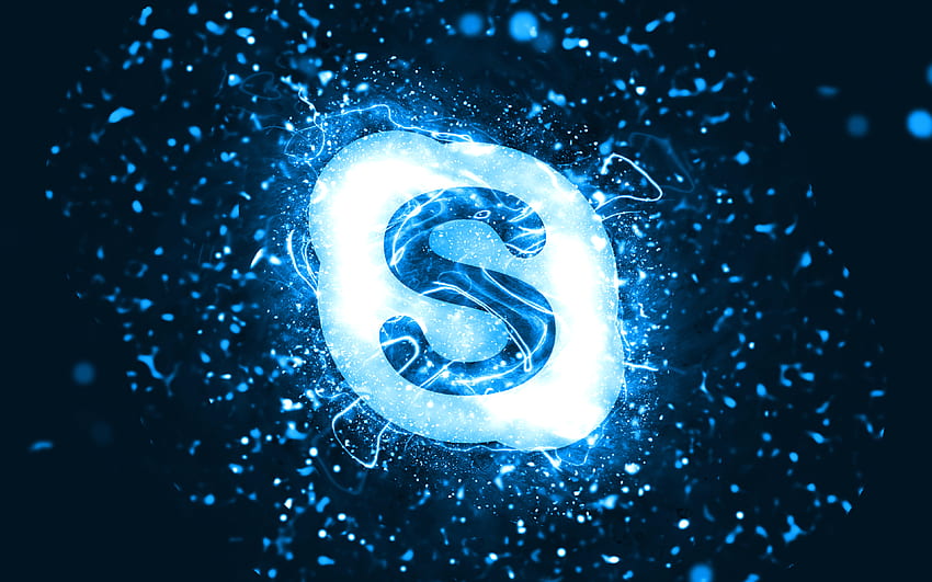 Skype blue logo, , blue neon lights, creative, blue abstract background, Skype logo, brands, Skype HD wallpaper