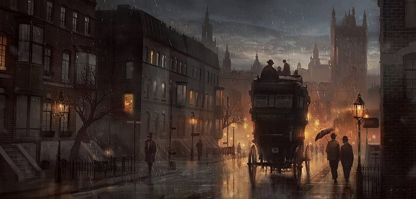 雨のロンドンの夜は暖かく柔らかい街。 ロンドンの絵画, 夜の芸術, ビクトリア朝の芸術 高画質の壁紙