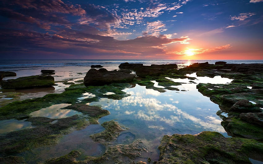 ธรรมชาติ พระอาทิตย์ตก หิน ท้องฟ้า ทะเล ดวงอาทิตย์ หิน ชายฝั่ง ธนาคาร เปล่งปลั่ง แสง ตอนเย็น ความเงียบ แนวปะการัง น้ำลง แอ่งน้ำ วอลล์เปเปอร์ HD