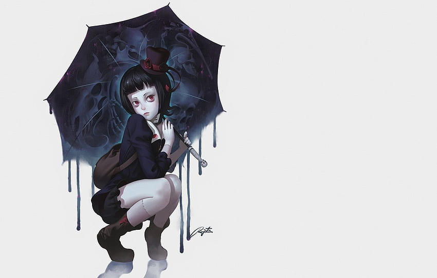 girl, Gothic, figure, skull, umbrella, anime, art, Anime Zombie Girl HD wallpaper