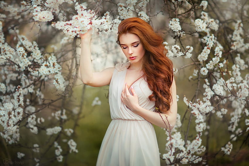 Blossom, white flowers, girl model, red head HD wallpaper