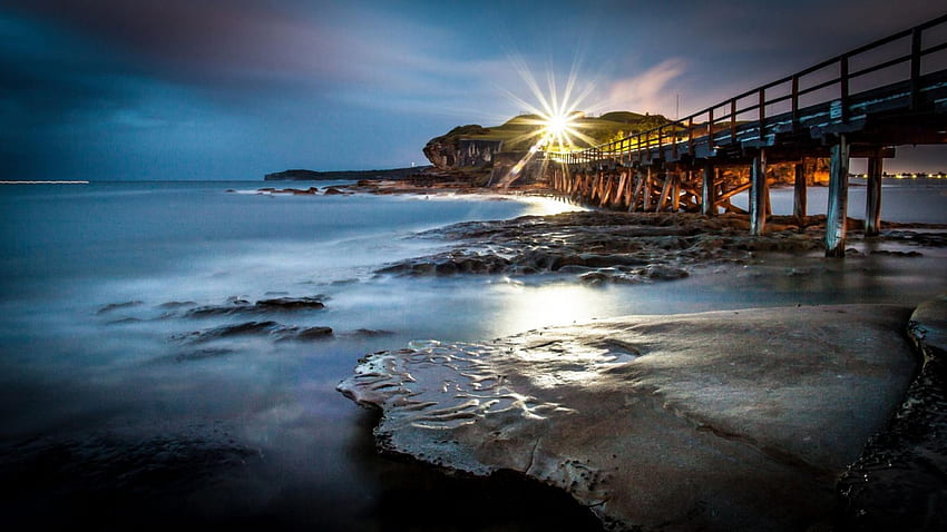 wonderful pier bridge to island in australia, night, island, lights, pier, rocks, beach HD wallpaper