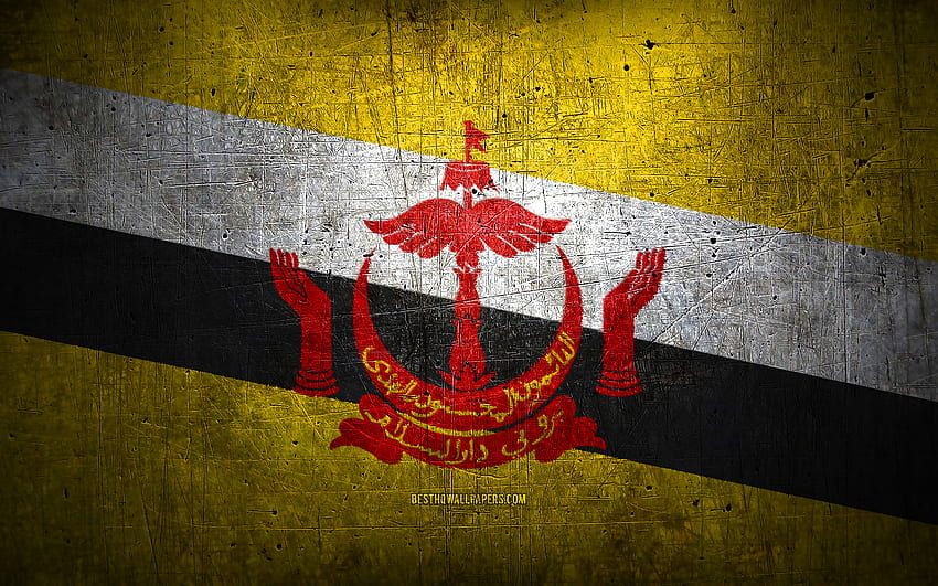 Brunei metal flag, grunge art, asian countries, Day of Brunei, national symbols, Brunei flag, metal flags, Flag of Brunei, Asia, Brunei HD wallpaper
