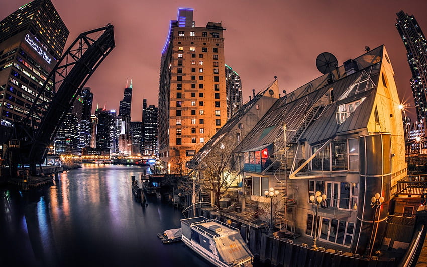 Zugbrücke über den schönen Chicago River r, nacht, fluss, offen, stadt, brücke, r HD-Hintergrundbild