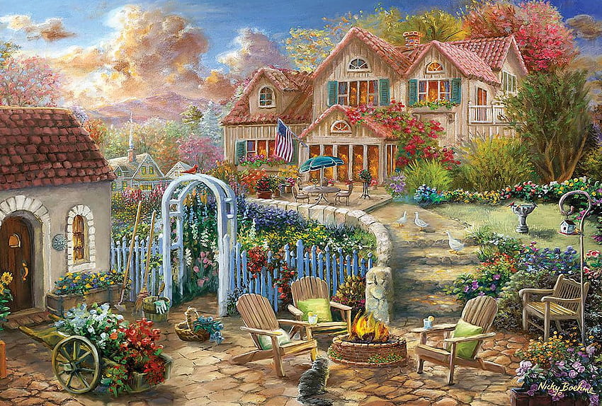 裏庭の隠れ家、庭、猫、アートワーク、椅子、アヒル、小屋、絵画、コテージ、キャンプファイヤー、花 高画質の壁紙