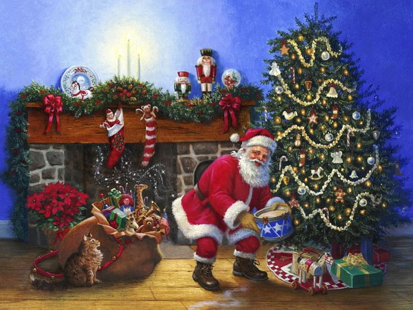 Дядо Коледа с подаръци, произведения на изкуството, декорация, свята нощ, Коледа, орнаменти, дърво HD тапет