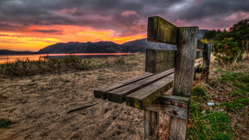 wooden bench at sunset r, wooden, bench, r, sunset, beach HD wallpaper