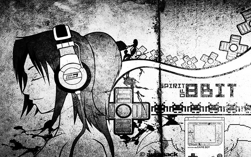 8bit girl, music, 8bit, headphones, black and white, dark HD wallpaper