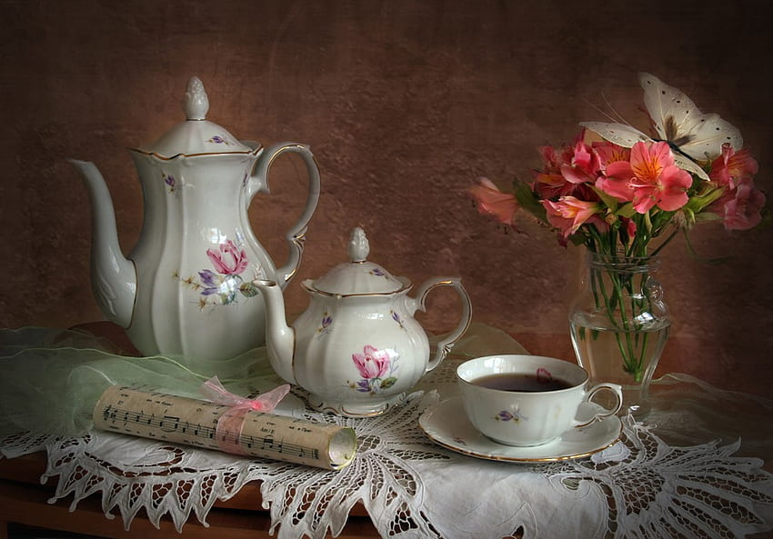 still life, bouquet, graphy, tea, embroidery, nice, music, butterfly, flower, coffee, , water, notes, elegantly, beautiful, china, pretty, cool, flowers, lovely, harmony, drink HD wallpaper