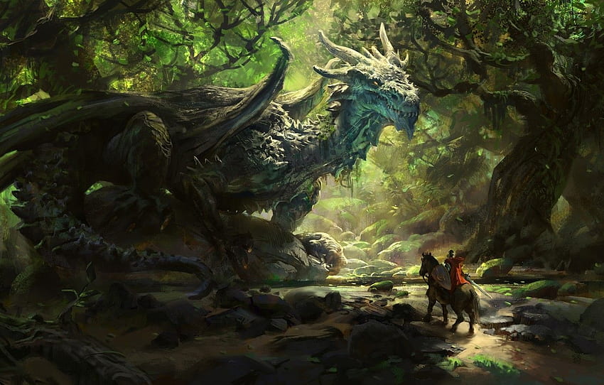 forest, figure, fantasy, art, rider, fantasy, knight, forest, wood, art, rider, knight, sunbeam, sunbeam, horseman, ancient dragon for , section фантастика HD wallpaper