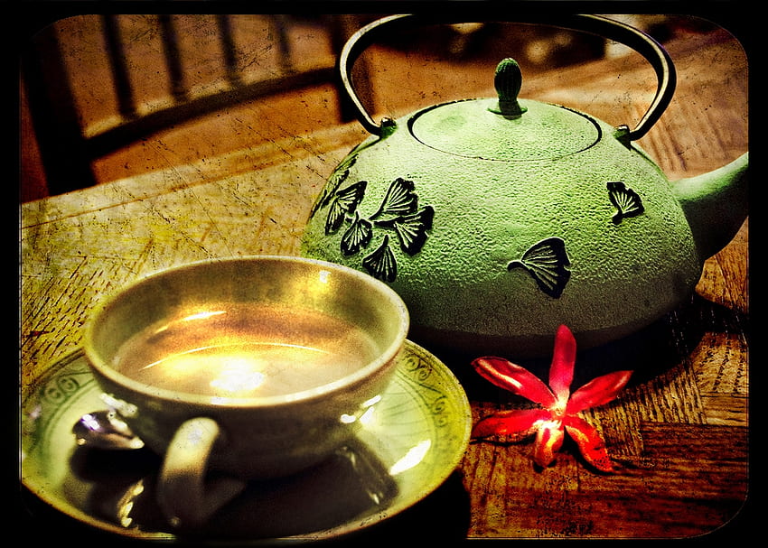 Waktu Teh Cina, lukisan alam benda, cangkir teh, teh, bunga, hijau, merah, teko Wallpaper HD