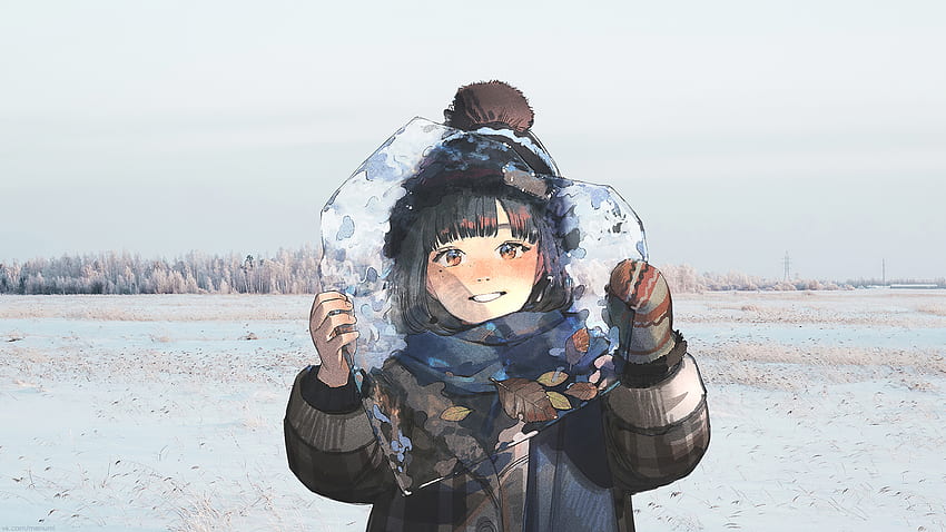 Original, linda chica anime, pieza de hielo en forma de corazón, invierno fondo de pantalla