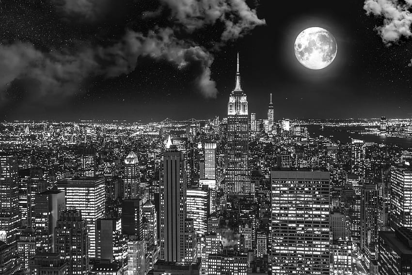 Miasta, USA, miasto nocą, Bw, Chb, Stany Zjednoczone, pełnia księżyca, Nowy Jork Tapeta HD