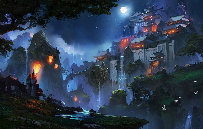 จีน แสง ญี่ปุ่น ดวงจันทร์ แฟนตาซี เกม ธรรมชาติ ไฟ เอเชีย ภูมิทัศน์ ภูเขา กลางคืน ศิลปะ ทิวทัศน์ มหัศจรรย์ วัดสำหรับ หมวด фантастика วอลล์เปเปอร์ HD