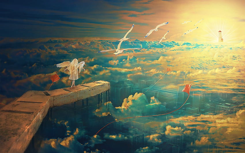 anime, Fantasy Art, Seagulls, Kites, Wings, Clouds, City, Lighthouse, Sunset, Rooftops, Horizon / and Mobile Background HD wallpaper
