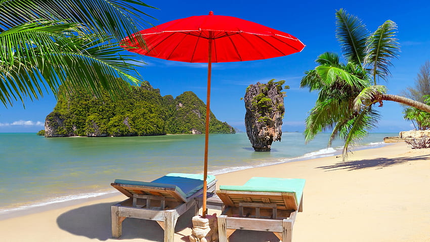 Phuket, Thailand, bebatuan, biru, laut, payung, pasir, langit, pohon palem Wallpaper HD