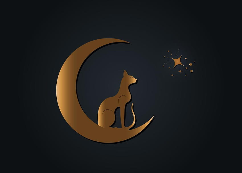 초승달에 앉아 있는 이집트 검은 고양이, 별을 보세요. 골든 알케미 로고 위카 심볼, 보헤미안 스타일, 골드 타투 아이콘. 벡터 일러스트 레이 션 검은 배경 4915431에 고립 HD 월페이퍼
