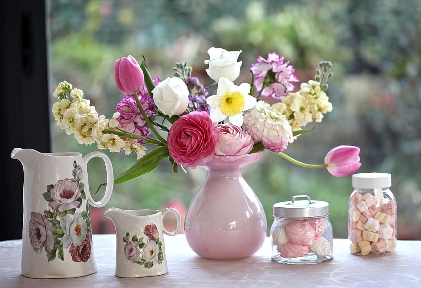 Flowers, Roses, Peonies, Carnations, Bouquet, Ranunculus, Ranunkulus, Levkoy, Gillyflower, Marshmallow, Zephyr, Jugs HD wallpaper