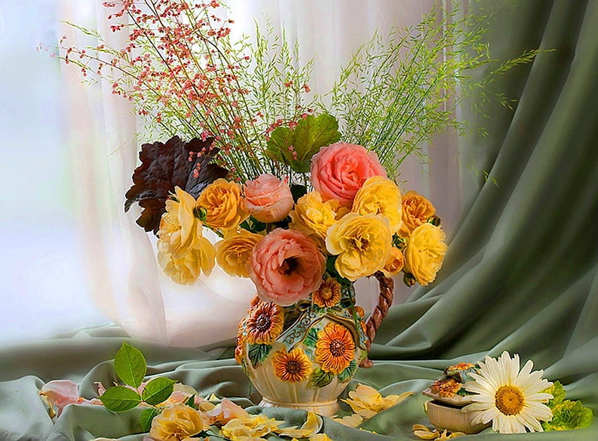 Roses in vase, graphy, roses, art, arangement, floral, vase, arrangement, beauty, still life, pink, abstract, petals, green, yellow, grapher, artist HD wallpaper